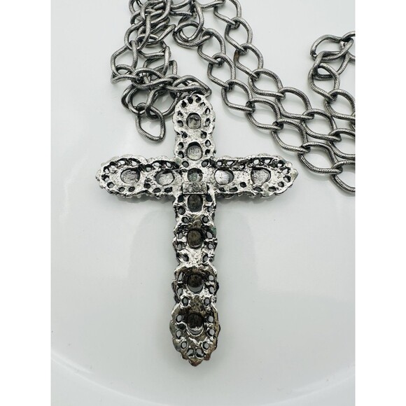 Vintage Signed Celebrity Cabochon Rhinestone Cross Pendant Necklace 28” READ - Picture 5 of 6